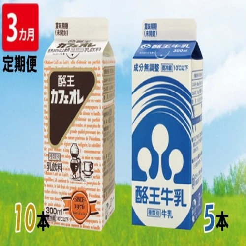 3ヶ月定期便】酪王カフェオレ300ml×10本・牛乳300ml×5本セット 【定期