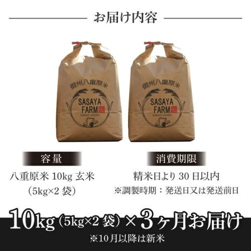 3回定期便）八重原米 玄米 10kg (5kg×2袋) お米 コシヒカリ 甘い 長野