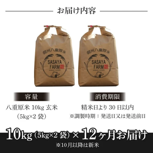 12回定期便）八重原米 玄米 10kg (5kg×2袋) お米 コシヒカリ 甘い 長野